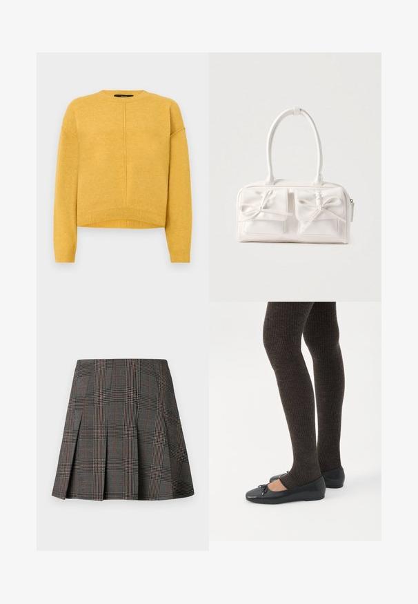Gul strikket sweater med rund halsudskæring, sænkede skuldre og ribbet kant. Blød tekstur og et simpelt, lige snit.; Gråternet nederdel med plisseringer, prydet med intrikate mønstre i sort og hvid, akkompagneret af tynde røde linjer. Fremstillet af et struktureret stof.; Ben iført mørke ribbede leggings kombineret med sorte balletsko med små sløjfedetaljer på hvid baggrund.; Hvid syntetisk håndtaske med to forlommer, hver med en bundet sløjfedetalje. Glat tekstur, afrundede håndtag og lynlås lukning.