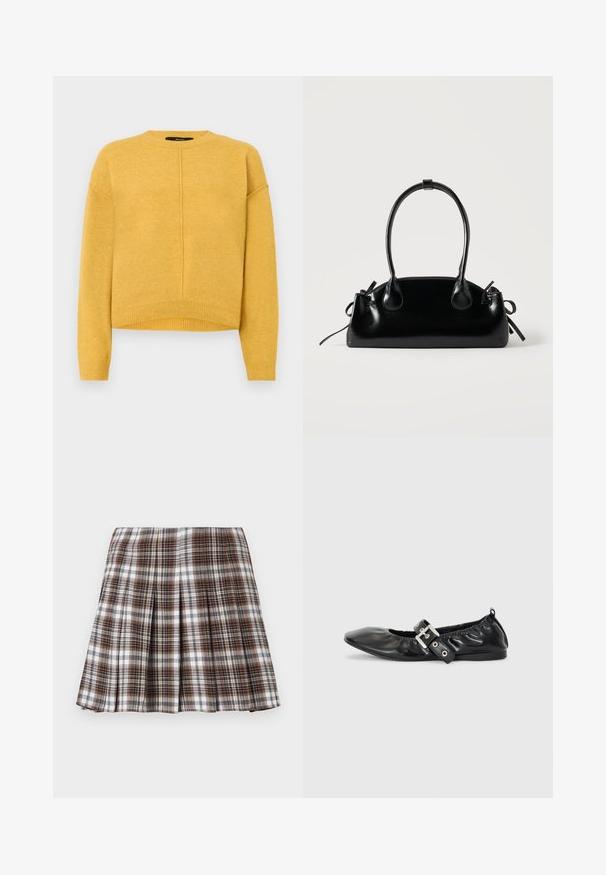 Pull en maille jaune avec un col rond, des épaules tombantes et un ourlet côtelé. Texture douce et design simple à coupe droite.; Jupe plissée à carreaux bruns et blancs avec un design structuré et une texture nette, présentant une taille haute et de multiples plis verticaux.; Chaussure plate en cuir noir avec un nez pointu, des détails froncés autour de l'ouverture et un accent en boucle argentée sur la bride ajustable.; Petit sac à main noir brillant avec deux longues anses et des détails à cordon sur les côtés sur un fond clair uni.