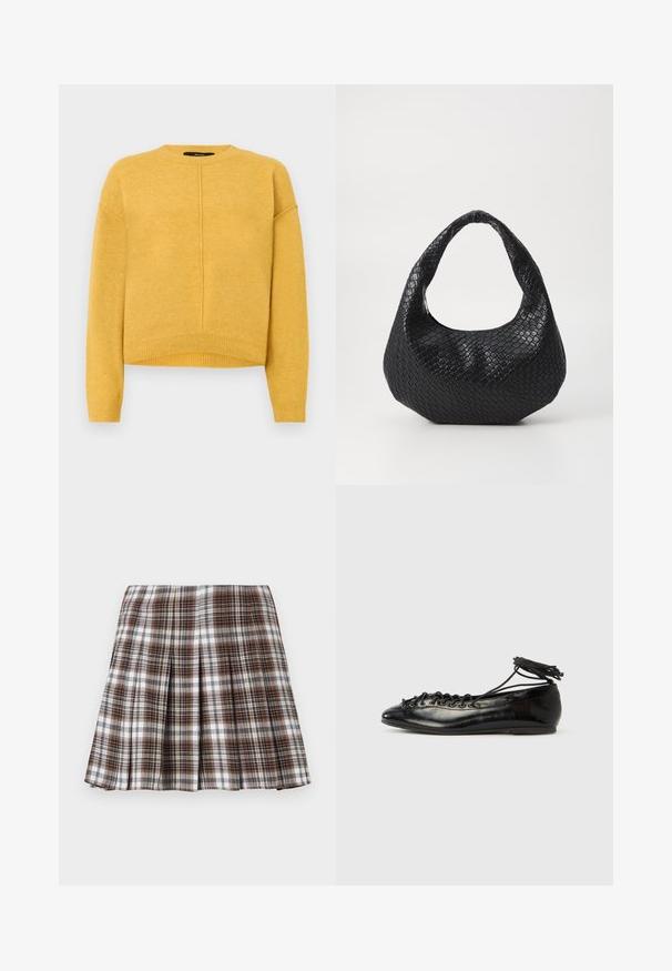 Gul strikket sweater med rund halsudskæring, sænkede skuldre og ribbet kant. Blød tekstur og et simpelt, lige snit.; Brun og hvid ternet plisseret nederdel med en struktureret design og sprød tekstur, der har høj talje og flere lodrette folder.; Sorte balletflade sko i laklæder med rundet tå, snørelukning og flad sål. Glat tekstur med få detaljer.; Sort flettet håndtaske med et buet håndtag, der har en struktureret overflade og en afslappet form. Glat finish med en organisk silhuet.