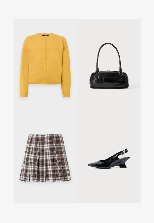 Gul strikket sweater med rund halsudskæring, sænkede skuldre og ribbet kant. Blød tekstur og et simpelt, lige snit.; Brun og hvid ternet plisseret nederdel med en struktureret design og sprød tekstur, der har høj talje og flere lodrette folder.; Sort laklæder slingback sko med spids tå og lav vinklet blokhæl på ensartet lys baggrund.; Sort læderhåndtaske med rektangulær form, der har et enkelt struktureret håndtag, sølvhardware og lynlås-lukning. Glat tekstur.