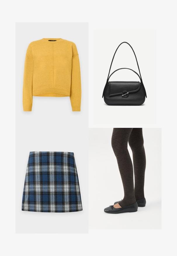 Gul strikket sweater med rund halsudskæring, sænkede skuldre og ribbet kant. Blød tekstur og et simpelt, lige snit.; Blåternet skørt med et varieret ternmønster i blå, sort og hvid. Fremstillet af et struktureret stof med en tætsiddende silhuet.; Ben iført mørke ribbede leggings kombineret med sorte balletsko med små sløjfedetaljer på hvid baggrund.; Sort læderhåndtaske med afrundede kanter, asymmetrisk klap, metalcirkulært spænde samt både korte og lange skulderstropper.