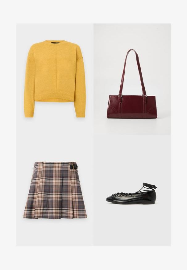 Gul strikket sweater med rund halsudskæring, sænkede skuldre og ribbet kant. Blød tekstur og et simpelt, lige snit.; Rutig nederdel i grå, beige og rustfarver; har plisseringer, en spænde detalje og et struktureret design. Fremstillet af et vævet stof.; Sorte balletflade sko i laklæder med rundet tå, snørelukning og flad sål. Glat tekstur med få detaljer.; Bordeaux håndtaske lavet af glansfuldt materiale, rektangulær form, med to skulderremme og subtile buede detaljer på forsiden.