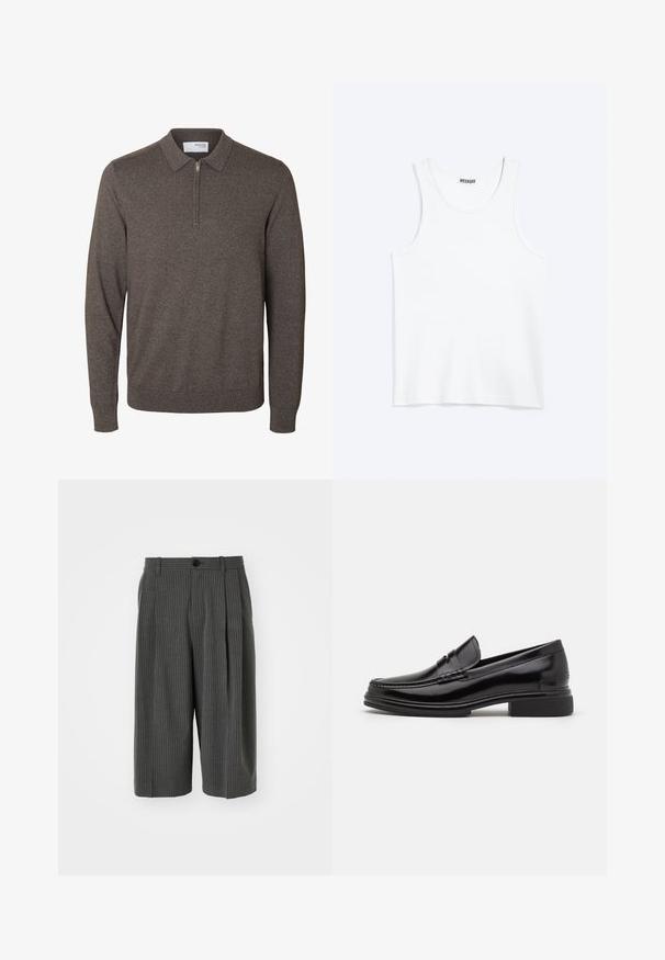 Herren Langarm brauner Strickpullover mit Kragen und kurzem Reißverschluss am Hals, gerippte Bündchen und Saum, mit dem Etikett Selected Homme.; Weißes ärmelloses Tanktop mit rundem Ausschnitt und Weekday-Markenetikett auf der Innenseite des hinteren Kragens, flach auf hellem Hintergrund dargestellt.; Graue, gestreifte, weitgeschnittene Shorts mit einem Knopfverschluss und plissiertem Vorderteil. Aus einem strukturierten Stoff gefertigt und mit einem maßgeschneiderten Design.; Schwarze Lederloafers mit runder Zehenform, ausgestattet mit einer genähten Detail über dem Vorderschaft und einem niedrigen Blockabsatz. Glatte Textur und glänzende Oberfläche.