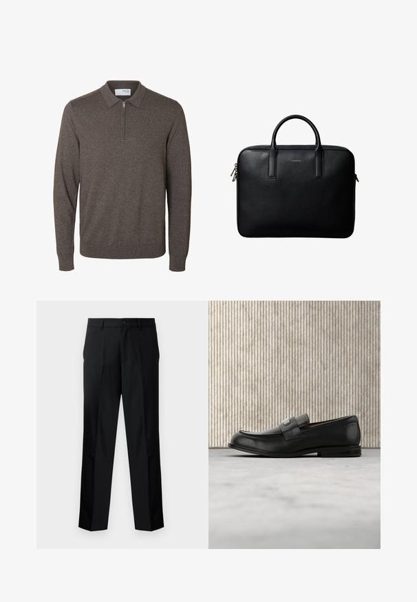 Jersey marrón de punto para hombre, de manga larga, con cuello y cremallera corta en el cuello, puños y bajo acanalados, etiquetado Selected Homme.; Pantalones negros de corte recto y ajustados, con cierre de botón, cremallera y trabillas para cinturón. Tejido suave con bolsillos laterales.; Mocasín de cuero negro con una placa metálica de marca apoyado cerca de una mesa redonda marrón sobre un suelo alfombrado beige.; Maletín de cuero negro texturizado con doble asa y tiradores de cremallera plateados, centrado sobre fondo blanco.