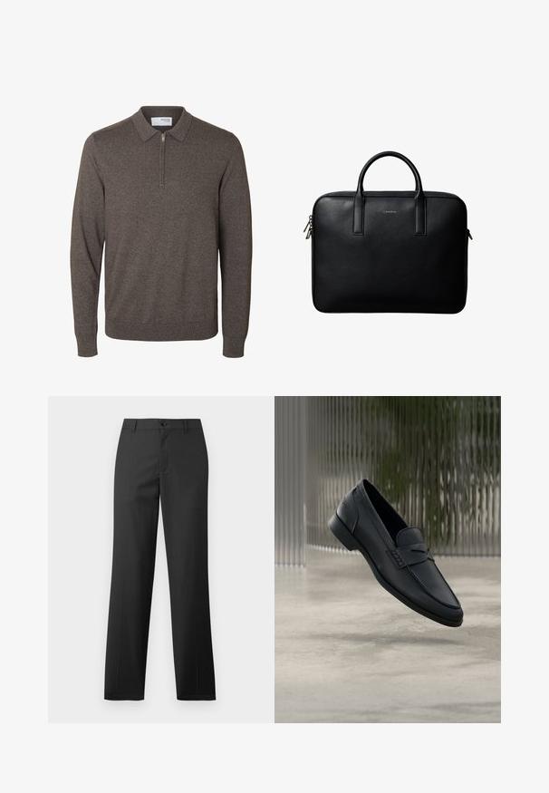 Meeste pruun pika varrukaga kootud kampsun krae ja lühikese kaela lukuga, soonikkoes varrukasääred ja alläär, märgitud Selected Homme.; Samsøe Samsøe SAJOHNNY TROUSERS - Püksid - turkish coffee; Mustast nahast jalanõu, sileda viimistlusega, terava ninaga ja vändas nähtava õmblusega. Madal konts ja minimalistlik disain.; Mustast tekstuuriga nahast portfell kahe käsitsemisvõimalusega ja hõbedaste tõmblukuga, valge tausta keskel.