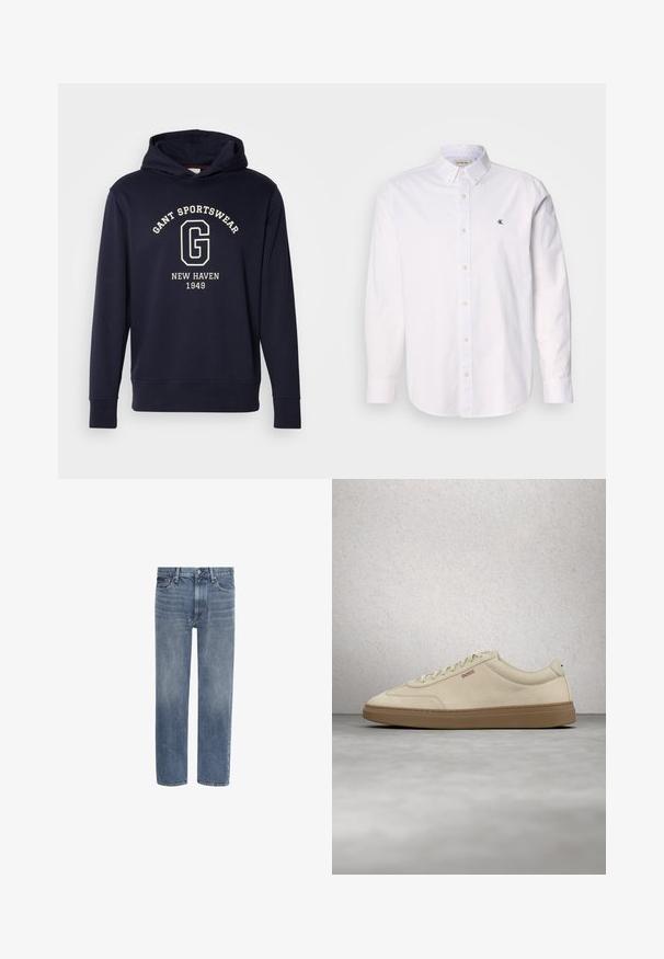 Navyblauwe hoodie van katoen, uitgerust met een voorzak, geribde manchetten en een grafische print met "GANT SPORTSWEAR" en "NEW HAVEN 1949."; Witte button-up shirt gemaakt van katoen, met een klassieke kraag, lange mouwen en een klein CK-logo op de linkerborst. Glad oppervlak.; Blauwe spijkerbroek met rechte pijpen, voorzakken, riemlussen en een knoopsluiting.; Lichtbeige suède sneaker met een zool van gumrubber, opvallende veters en subtiele stikdetails. Strak ontwerp met een minimalistische uitstraling.