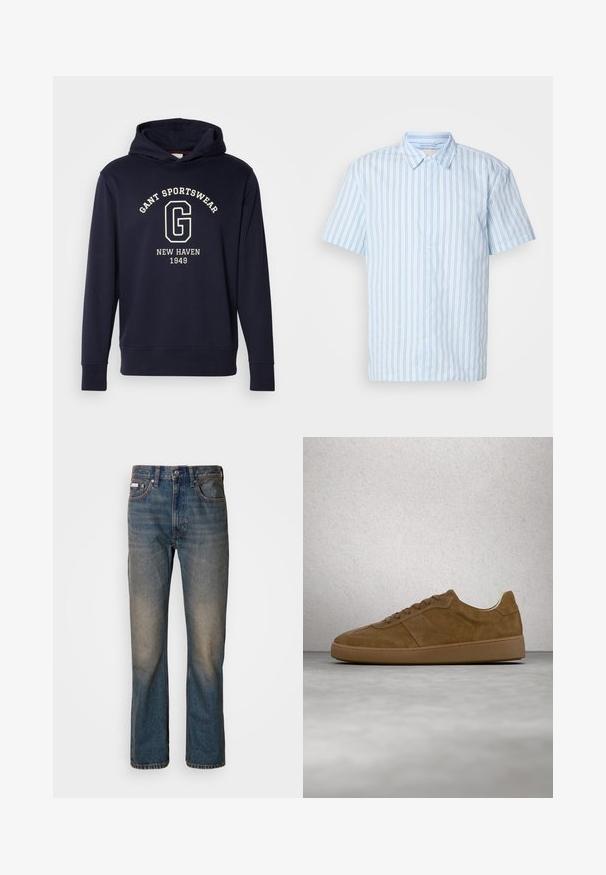 Sudadera azul marino de algodón, con un bolsillo frontal, puños acanalados y un estampado gráfico que dice "GANT SPORTSWEAR" y "NEW HAVEN 1949."; Camisa de botones de manga corta en tejido azul claro con rayas verticales. Presenta un cuello con puntas y botones blancos en la parte delantera.; Vaqueros de tiro alto en denim azul, con un diseño de pierna recta, parches desgastados y descoloridos, y un estilo tradicional de cinco bolsillos.; Zapatilla deportiva de ante marrón con cordones color beige y suela de goma. Presenta una puntera redondeada y detalles cosidos en la parte superior. Diseño ligero.