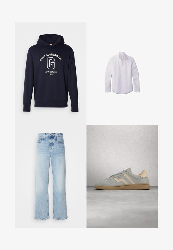 Dunkelblaues Hoodie aus Baumwolle, mit einer Vorderfronttasche, gerippten Bündchen und einem Grafikdruck mit "GANT SPORTSWEAR" und "NEW HAVEN 1949."; Junger Mann mit kurzen lockigen Haaren, trägt ein weißes Hemd mit Knöpfen und schwarze Hosen, steht mit den Händen hinter dem Rücken.; Helle blaue weite Jeans mit hoher Taille, in verwaschenem Finish, mit Gürtelschlaufen und klassischem Fünf-Taschen-Design. Der Saum ist ungesäumt.; Hellgrauer Wildledersneaker mit beigen Akzenten und Gummisohle, schwebt über poliertem Betonboden in der Nähe einer Glassteinmauer.