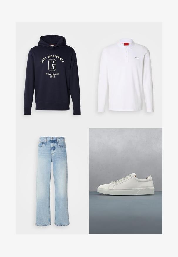 Dunkelblaues Hoodie aus Baumwolle, mit einer Vorderfronttasche, gerippten Bündchen und einem Grafikdruck mit "GANT SPORTSWEAR" und "NEW HAVEN 1949."; Weißes Langarm-Polohemd aus Baumwolle mit Kragen, Drei-Knopf-Leiste und schwarzem "HUGO"-Logo auf der linken Brust.; Helle blaue weite Jeans mit hoher Taille, in verwaschenem Finish, mit Gürtelschlaufen und klassischem Fünf-Taschen-Design. Der Saum ist ungesäumt.; Weißes Leder-Sneaker mit abgerundetem Zehenbereich, minimalistisches Design, graue Schnürsenkel und einer strukturierten grauen Gummisohle. Dezente Nähte sichtbar.