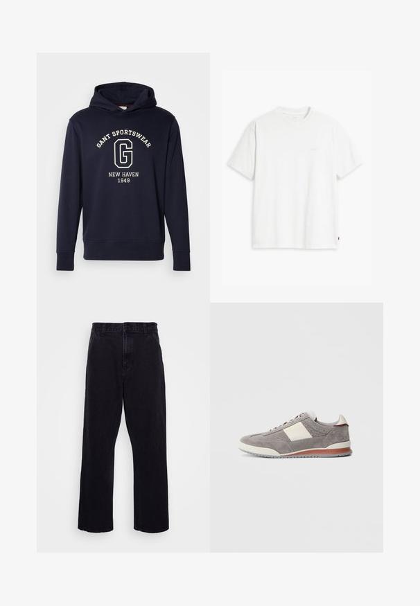Námornícky modrá mikina s kapucňou vyrobená z bavlny, s prednou vreckom, rebrovanými manžetami a grafikou s nápisom "GANT SPORTSWEAR" a "NEW HAVEN 1949."; Biele bavlnené tričko s krátkymi rukávmi, okrúhlym výstrihom a jemne svetlým logom "Levi's" potlačeným na prednej strane.; Čierne džínsy s rovného strihu, ktoré majú zapínanie na gombík a zips, pútka na opasok a minimálne švy.; Šedé semišové tenisky s bielym koženým panelom, vzorovanými detailmi, kontrastnými šnúrkami a hnedou gumovou podrážkou.