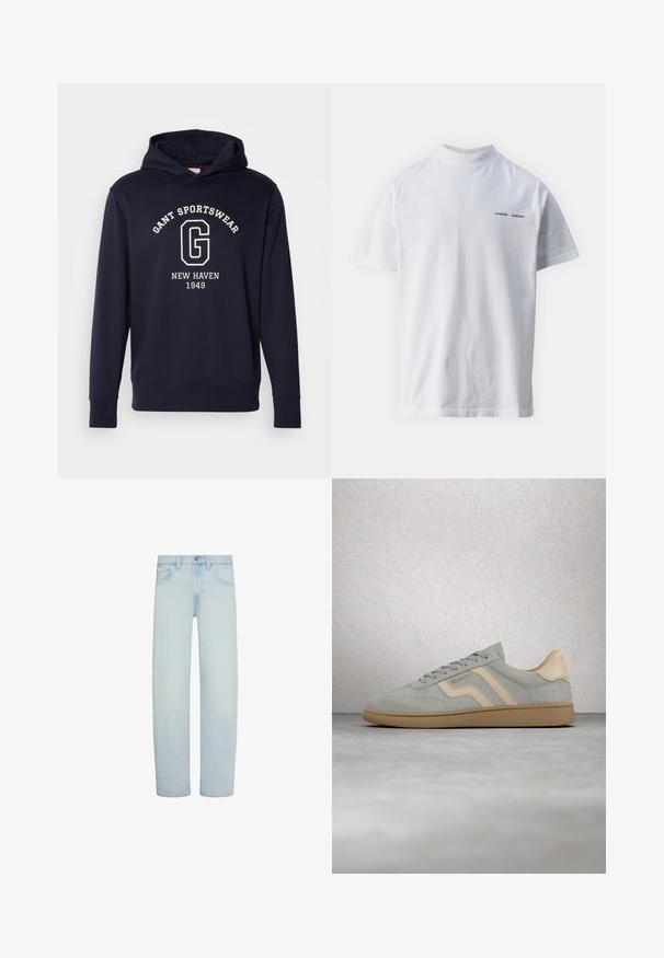 Navyblauwe hoodie van katoen, uitgerust met een voorzak, geribde manchetten en een grafische print met "GANT SPORTSWEAR" en "NEW HAVEN 1949."; Witte katoenen t-shirt met een hoge hals en korte mouwen. Voorzien van het 'SAMSØE SAMSØE' logo in het zwart op de voorkant. Glad van textuur.; Lichtblauwe denim jeans met rechte pijpen, vooraan knoop- en ritssluiting, riemlussen en voorzakken.; Lichtgrijze suède sneaker met beige accenten en gumzool, zwevend boven een gepolijste betonvloer bij een glazen blokwand.