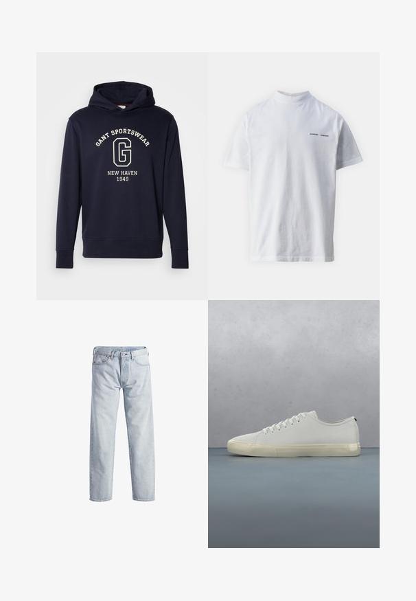 Námornícky modrá mikina s kapucňou vyrobená z bavlny, s prednou vreckom, rebrovanými manžetami a grafikou s nápisom "GANT SPORTSWEAR" a "NEW HAVEN 1949."; Biely bavlnený tričko s vysokým výstrihom a krátkymi rukávmi. Na prednej strane sa nachádza logo "SAMSØE SAMSØE" v čiernej farbe. Hladká textúra.; Svetlo modré džíny z denimu so strihom rovného nohavice, so zapínaním na gombíky, piatimi vreckami a jemným efektom blednutia. Obsahuje kovové prvky.; Biela kožená teniska so šnúrkami vznášajúca sa nad štvorcovými drevenými dlaždicami a malými kameňmi, na pozadí stromu a sivej steny.