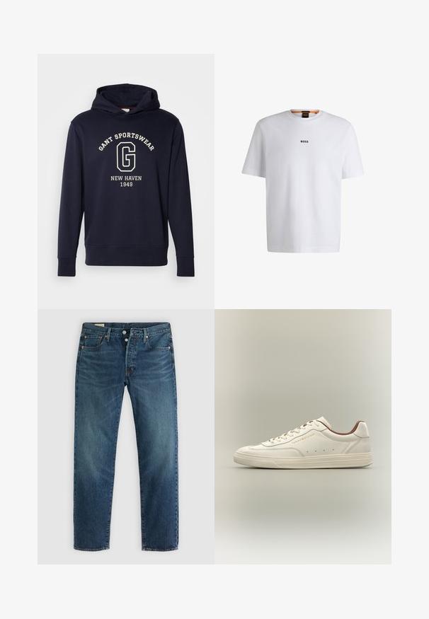 Mørkeblå hættetrøje lavet af bomuld, med en frontlomme, ribbede manchetter og et grafisk print med "GANT SPORTSWEAR" og "NEW HAVEN 1949."; Hvid bomuld T-shirt med korte ærmer, med et sort "BOSS" logo centreret på brystet og en rund halsudskæring.; Blå denim jeans med lige ben, der har fem lommer, en klassisk knaplukning og subtil udblegning for tekstur.; Lavtop hvid sneaker med lysebrun foret og snørebånd, små ventilationshuller og "Tommy Hilfiger" logo på siden.