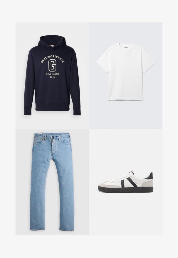 Dunkelblaues Hoodie aus Baumwolle, mit einer Vorderfronttasche, gerippten Bündchen und einem Grafikdruck mit "GANT SPORTSWEAR" und "NEW HAVEN 1949."; Weißes T-Shirt mit kurzen Ärmeln und Rundhalsausschnitt, flach liegend, schlichtes Design, mit „WEEKDAY“-Etikett innen im Kragen auf hellem Hintergrund.; Hellblaue gerade geschnittene Jeans aus Denim mit Knopfverschluss, Gürtelschlaufen sowie Vorder- und Hintertaschen, auf einem weißen Hintergrund präsentiert.; Weiße Sneaker mit schwarz- und grau-aczenten, ausgestattet mit einer strukturierten grauen Zehenkappe, schwarzer Gummi-Sohle und flachen weißen Schnürsenkeln. Sauberes Design, minimalistische Stil.