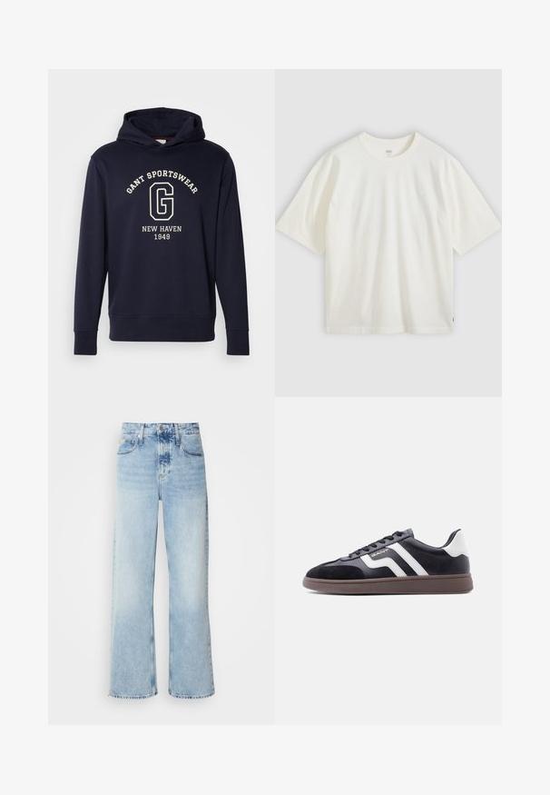 Navyblauwe hoodie van katoen, uitgerust met een voorzak, geribde manchetten en een grafische print met "GANT SPORTSWEAR" en "NEW HAVEN 1949."; Witte T-shirt met korte mouwen van katoen. Ronde hals, ontspannen pasvorm, subtiele merkopdruk op de borst en een rood label aan de zoom.; Lichtblauwe wijde jeans met een hoge taille, met een vervaagde afwerking, riemlussen en een klassieke vijf-pocketdesign. De zoom is ruig.; Zwarte sneakers van suède en synthetisch materiaal, met witte diagonale strepen en een bruine textuurzool. Voorzien van een veterontwerp en een gevoerde kraag.