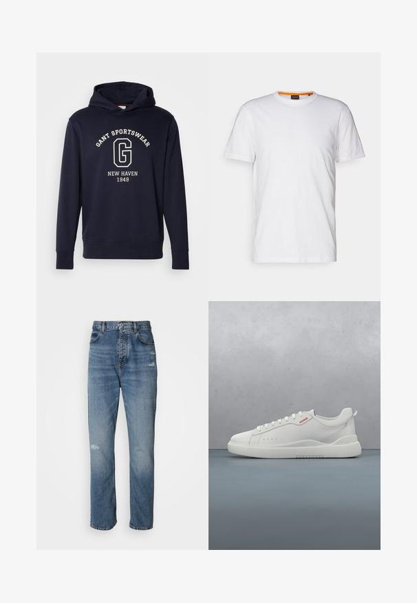 Dunkelblaues Hoodie aus Baumwolle, mit einer Vorderfronttasche, gerippten Bündchen und einem Grafikdruck mit "GANT SPORTSWEAR" und "NEW HAVEN 1949."; Weißes Baumwoll-T-Shirt mit Rundhalsausschnitt, kurzen Ärmeln und einem dezenten geprägten Logo auf der Brust. Das Innenschild hat einen orangefarbenen Akzent.; Hellblaue Denim-Jeans im Straight-Leg-Design, mit einem Knopf- und Reißverschluss, fünf Taschen und leicht abgetragenen Details im Kniebereich.; Weiße Sneaker aus glattem Leder, runde Spitze, vier Ösen, dezente Perforationen und ein rotes Logodetail an der Seite.