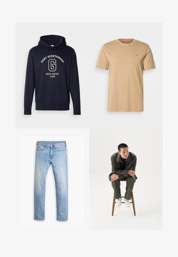 Sudadera azul marino de algodón, con un bolsillo frontal, puños acanalados y un estampado gráfico que dice "GANT SPORTSWEAR" y "NEW HAVEN 1949."; Camiseta de algodón beige con cuello redondo, mangas cortas y un pequeño logo bordado en el pecho. Textura suave y corte estándar.; Vaqueros de denim azul claro con corte recto, cinco bolsillos y cierre de botón. Presentan un sutil desgaste y costuras en color naranja.; Joven con chaqueta de cuero oscura y vaqueros sentado en un taburete de madera, inclinado hacia adelante con los brazos cruzados, mirando hacia un lado contra un fondo blanco.