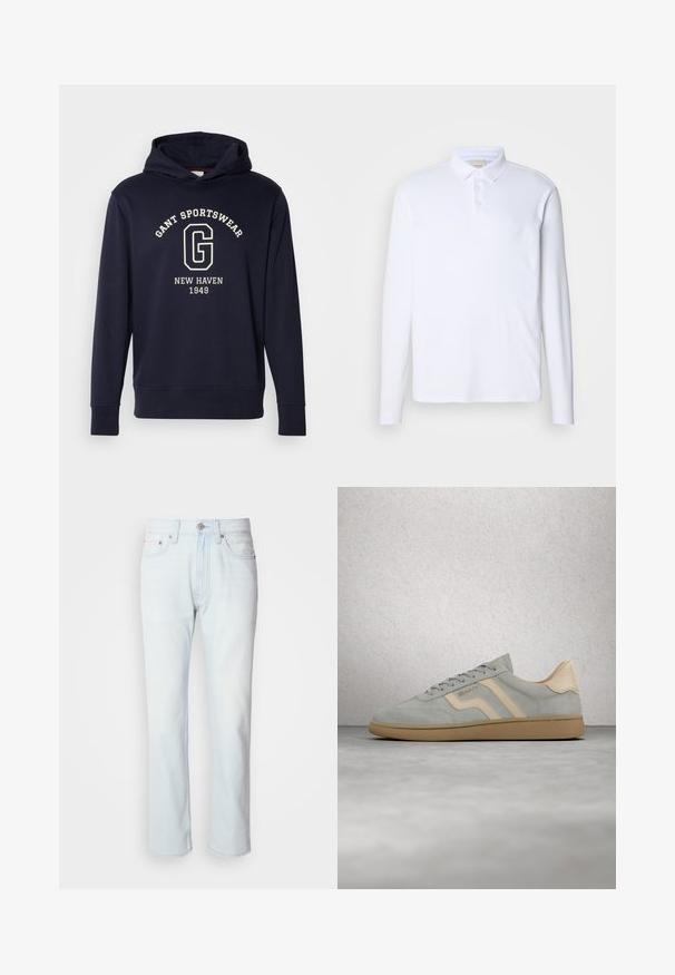 Dunkelblaues Hoodie aus Baumwolle, mit einer Vorderfronttasche, gerippten Bündchen und einem Grafikdruck mit "GANT SPORTSWEAR" und "NEW HAVEN 1949."; Langärmliges weißes Polohemd aus weichem Stoff, mit klassischem Kragen, Drei-Knopf-Leiste und dezentem Logo auf der Brust.; Hellblaue Jeans mit geradem Bein. Verfügt über einen Knopfverschluss und Gürtelschlaufen, präsentiert eine ausgebleichte Textur und minimale Nähte.; Hellgrauer Wildledersneaker mit beigen Akzenten und Gummisohle, schwebt über poliertem Betonboden in der Nähe einer Glassteinmauer.