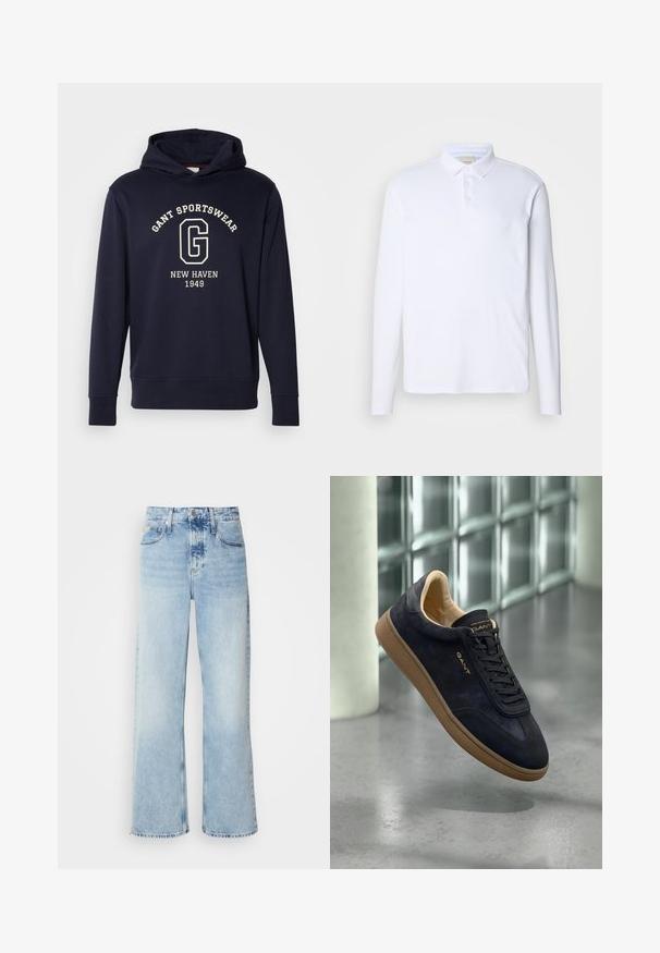 Námornícky modrá mikina s kapucňou vyrobená z bavlny, s prednou vreckom, rebrovanými manžetami a grafikou s nápisom "GANT SPORTSWEAR" a "NEW HAVEN 1949."; Biela polo košeľa s dlhými rukávmi vyrobená z mäkkej látky, s klasickým golierom, trojuholníkovým zapínaním a jemným logom na hrudi.; Svetlomodré široké rifle s vysokým pásom, s jemne vyblednutým povrchom, pútkom na opasok a klasickým dizajnom s piatimi vreckami. Lem je surový.; Námornícka semišová teniska s hnedou gumovou podrážkou, okrúhlym špicom, plochými šnúrkami a vystúpeným logom na jazyku. Minimalistický dizajn.