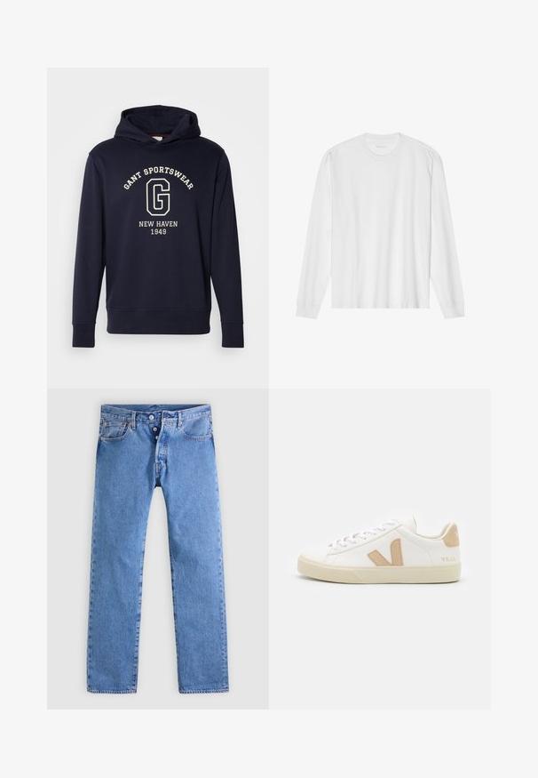 Mørkeblå hættetrøje lavet af bomuld, med en frontlomme, ribbede manchetter og et grafisk print med "GANT SPORTSWEAR" og "NEW HAVEN 1949."; Hvid, langærmet t-shirt i bomuld med rund hals, med ribbede ærmeafslutninger og en lige kant, glat tekstur og minimalistisk design.; Lyseblå denimjeans med et lige ben design, fem lommer og to-knaps lynlås. Har minimal falmen og kontrastsyning.; Hvide sneakers med beige detaljer, glat lædermateriale, rund tå, flad gummisål og snørebånd foran med et logo på hælen.