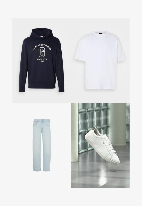 Dunkelblaues Hoodie aus Baumwolle, mit einer Vorderfronttasche, gerippten Bündchen und einem Grafikdruck mit "GANT SPORTSWEAR" und "NEW HAVEN 1949."; Weißes Baumwoll-T-Shirt mit Rundhalsausschnitt, kurzen Ärmeln und lässiger Passform. Verfügt über strukturierte Schulternaht für zusätzliche Details.; Hellblaue Denim-Jeans mit geradem Bein, vorderem Knopf- und Reißverschluss, Gürtelschlaufen und Vordertaschen.; Weißer Leder-Low-Top-Sneaker mit Schnürsenkeln, schwarzer Fersenschlaufe und „BOSS“-Logo, der drinnen nahe einer Glassteinwand und einem polierten Boden schwebt.