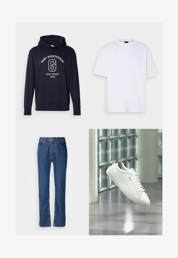 Mørkeblå hættetrøje lavet af bomuld, med en frontlomme, ribbede manchetter og et grafisk print med "GANT SPORTSWEAR" og "NEW HAVEN 1949."; Hvid bomulds T-shirt med rund hals, korte ærmer og en afslappet pasform. Har strukturerede skuldersømme for ekstra detaljer.; Blå denimjeans med lige snit, fem-lomme-design og lys syning. Har lynlås og knaplukning foran.; Hvid læder lav-top sneaker med snørebånd, sort hælflig og "BOSS"-logo, svævende indendørs nær glasblok væg og poleret gulv.