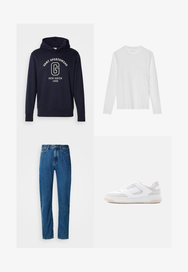 Mørkeblå hættetrøje lavet af bomuld, med en frontlomme, ribbede manchetter og et grafisk print med "GANT SPORTSWEAR" og "NEW HAVEN 1949."; Langærmet hvid T-shirt lavet af blød bomuld, med rund halsudskæring og en glat tekstur uden synlige mønstre eller accenter.; Blå lige ben denim jeans med fem lommer og frontlukning med knap på en hvid baggrund.; Lavprofileret hvid og lysebeige sneaker med snørelukning, polstret krave og gummisål på en ensfarvet lys baggrund.