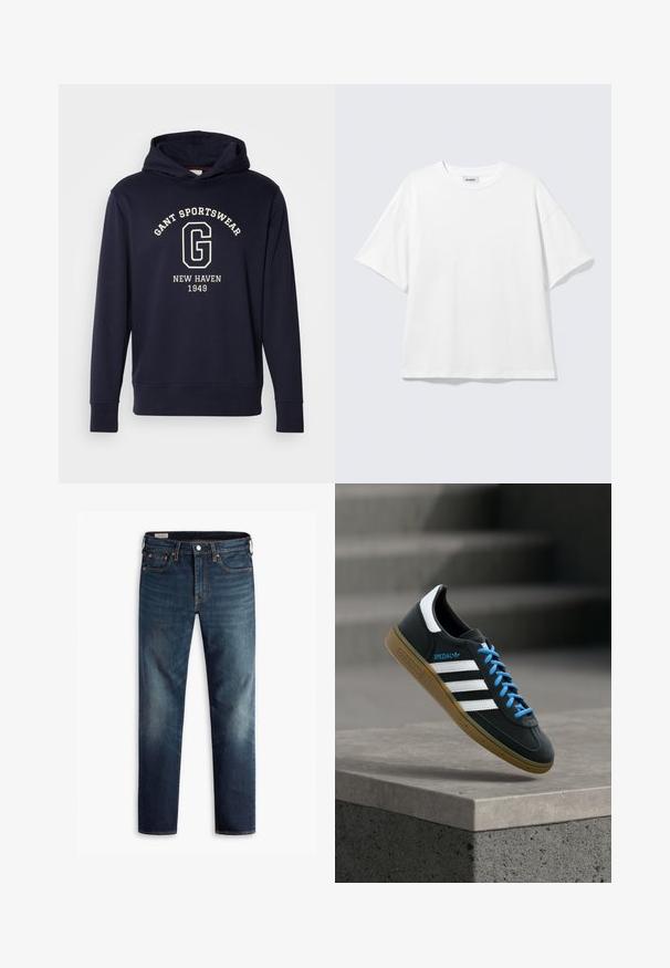 Dunkelblaues Hoodie aus Baumwolle, mit einer Vorderfronttasche, gerippten Bündchen und einem Grafikdruck mit "GANT SPORTSWEAR" und "NEW HAVEN 1949."; Weißes oversized T-Shirt mit kurzen Ärmeln und Rundhalsausschnitt mit eingesetzten Schultern, flach auf hellgrauem Hintergrund.; Dunkelblaue Jeans mit geradem Bein, fünf Taschen und Kupferbeschlägen. Ausgebleichte Stellen an den Beinen sorgen für einen Texturkontrast.; Schwarzer Adidas-Sneaker mit weißen Streifen, blauen Schnürsenkeln und Gummisohle, der über einer grauen Betontreppe im weichen Licht schwebt.