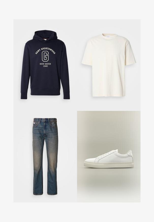 Dunkelblaues Hoodie aus Baumwolle, mit einer Vorderfronttasche, gerippten Bündchen und einem Grafikdruck mit "GANT SPORTSWEAR" und "NEW HAVEN 1949."; Ein einfarbiges, off-white T-Shirt mit kurzen Ärmeln und Rundhalsausschnitt, unisex Design, auf einem neutralen grauen Hintergrund präsentiert.; Hoch geschnittene blaue Jeans aus Denim mit geradem Bein, verwaschenen, distressierten Stellen und traditionellem Fünf-Taschen-Stil.; Weißer Sneaker mit niedrigem Schaft, vorn mit Schnürung und dicker Sohle, aus der Seitenansicht vor neutralem Hintergrund.