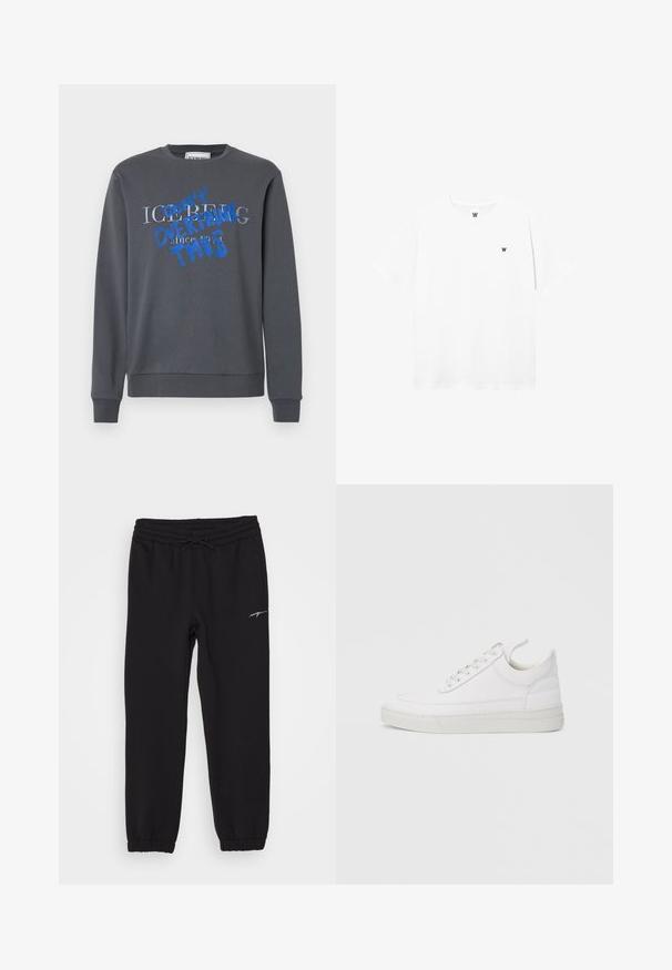 Iceberg FELPA - Sweatshirt - grigio scuro; Hvid kortærmet t-shirt med rund hals og lille cirkulært logo, der viser et sort "W" på venstre brystområde.; Sorte sweatpants med elastisk talje og snor, med sidelommer og manchetter ved anklerne. Diskret hvid branding på benet.; Hvid lædersneaker med rundet tå, flad sål og snørebånd foran. Har syningsdetaljer og polstret krave for komfort.