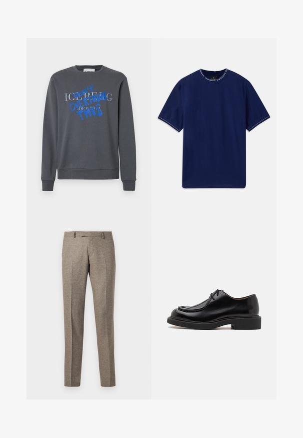 Iceberg FELPA - Sweatshirt - grigio scuro; Mørkeblå bomulds T-shirt med korte ærmer og rund hals, med hvid syning som accent på kraven og ærmeenderne. Glat tekstur.; Brune uldblandede bukser med lige ben-design, der har en subtil tekstur og foldelinjer, afsluttet med en klassisk talje.; Sort lædersko med en rund tå, stikninger, minimale snørebånd og en tyk gummisål for greb og holdbarhed.