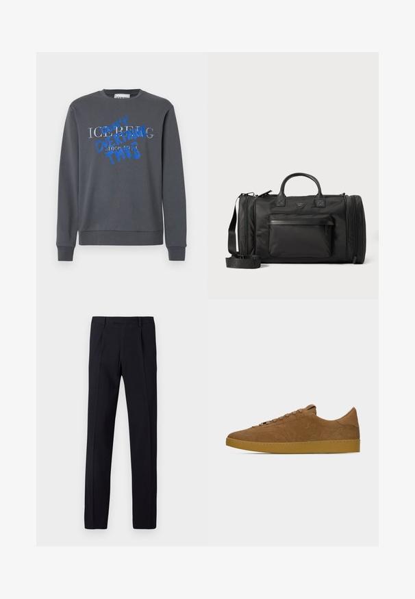 Iceberg FELPA - Sweatshirt - grigio scuro; Sorte bukser med en tekstureret overflade, der har et lige snit, bæltestropper og pressede folder foran. Ingen synlige lommer.; Brun ruskind lav-top sneaker med matchende snørebånd og gummisål, vist i venstre sideprofil på ensartet lysegrå baggrund.; Sort duffel taske lavet af glat nylon med læderdetaljer, en frontlomme, dobbelt håndtag og en aftagelig skulderrem.