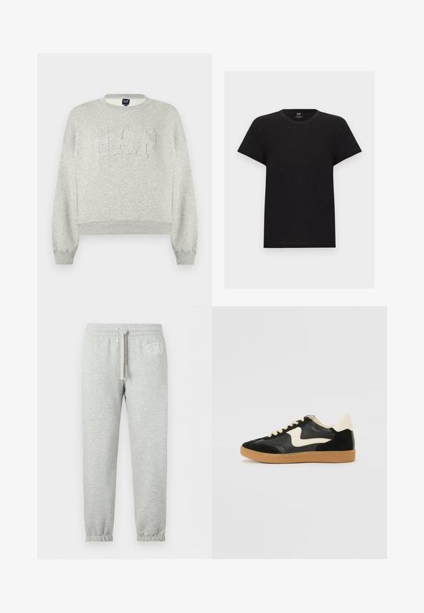 Sweat-shirt gris clair à col ras du cou avec "GAP" embossé sur la poitrine, poignets et ourlet côtelés, présenté sur un fond blanc.; T-shirt noir en coton à manches courtes avec col rond, vue de face, design uni, étiquette de la marque GAP à l'intérieur du col.; Pantalon de survêtement gris clair avec taille élastique, cordon, poignets élastiques et logo blanc "GAP" sur la partie supérieure de la cuisse gauche.; Baskets en daim et cuir noir avec un swoosh latéral crème et un talon crème clair. Dotées de lacets beige et d'une semelle en caoutchouc gomme.