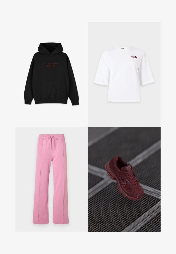 Zwarte hoodie van zacht materiaal, met een voorzak, geribbelde manchetten en rode geborduurde tekst met bloemaccenten op de borst.; Witte T-shirt met korte mouwen, ronde hals en klein kastanjebruin "The North Face" logo op de linker bovenborst.; Roze sweatpants met wijde pijpen, voorsneden, een elastische tailleband en een aantrekkoord, afgebeeld op een effen witte achtergrond.; Rode Nike hardloopschoen met een mesh bovenzijde, gestructureerde details, gevoerde kraag en dikke zool, gepositioneerd boven een geblokte ondergrond.