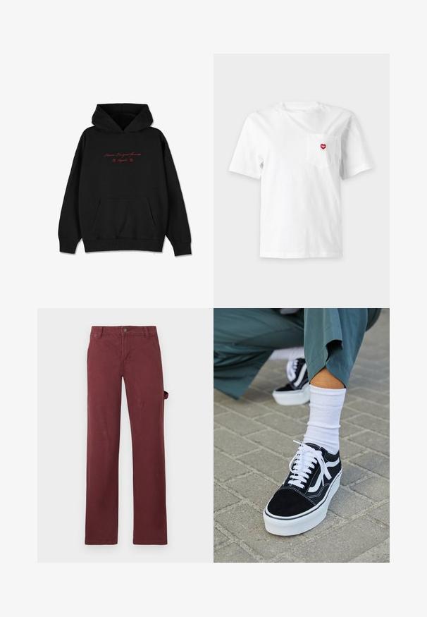Hoodie noir en tissu doux, avec une poche avant, des bords côtelés, et un texte rouge brodé avec des accents floraux sur la poitrine.; T-shirt blanc à manches courtes avec une petite poche poitrine présentant un logo rouge en forme de cœur sur un fond uni clair.; Pantalons droits bordeaux en coton, avec une taille à boutons et une poche latérale. Texture lisse, au design classique et sans motifs.; Baskets en suède noir avec des accents et des lacets blancs, présentant une épaisse semelle blanche et des coutures contrastantes, associées à une chaussette blanche.