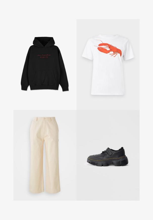 Zwarte hoodie van zacht materiaal, met een voorzak, geribbelde manchetten en rode geborduurde tekst met bloemaccenten op de borst.; Witte katoen t-shirt met een grote, felrode kreeftenprint op de voorkant. Korte mouwen en een standaard ronde hals.; Lichtbeige wijde broek van katoen met een gladde textuur, voorzien van een sluiting met een knoop aan de voorkant en zijzakken.; Zwarte sneakers met een chunky zool en leren bovenzijde, gele stiksels langs de tussenzool, klittenband en vetersluiting, op een effen lichte achtergrond.