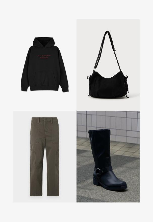Must musta, mis on pehmest kangast, esiküljel taskuga, ribitud varrukatega ja punase tikandiga teksti ning lillede aktsentidega rinnal.; Good American CROPPED PANTS - Kargopüksid - fatigue; Must nahktõlvik keskmise vasikaosa kõrgusega, madala plokksanga ja kaunistava metallkinnitusega rihmaga ümber pahkluu, plaaditud kõnniteel.; Must mustru toodetud õunnaga õlakott, millel on kaarjas kuju, reguleeritav rihm ja kummitõmbemehhanismid mõlemal küljel suuruse kohandamiseks.