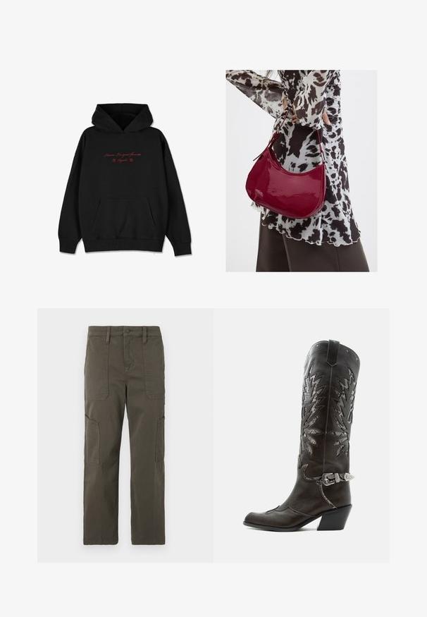 Sudadera negra de tela suave, con un bolsillo frontal, puños acanalados y texto bordado en rojo con acentos de flores en el pecho.; Good American CROPPED PANTS - Pantalones cargo - fatigue; Bota cowboy de cuero negro con recortes decorativos, hebilla plateada y tacón inclinado, presentada sobre fondo blanco.; Mujer con blusa de estampado en blanco y negro sosteniendo un bolso de hombro rojo brillante sobre un fondo liso.