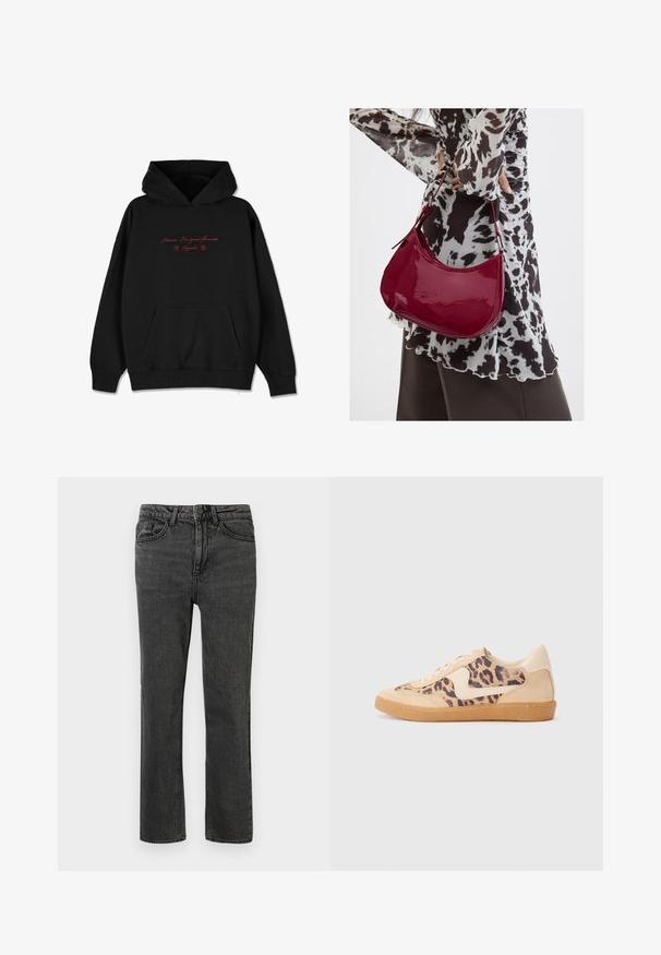 Hoodie noir en tissu doux, avec une poche avant, des bords côtelés, et un texte rouge brodé avec des accents floraux sur la poitrine.; Jeans en denim noir avec une coupe droite, comportant cinq poches, des passants de ceinture et une fermeture à bouton à l'avant. Le tissu texturé présente une légère usure.; Baskets en imprimé léopard avec tige en suède beige, semelle en caoutchouc tan et accents blancs. Bout rond et design à lacets avec une finition texturée.; Femme portant un chemisier à motif noir et blanc tenant un sac à main rouge brillant sur un fond uni.
