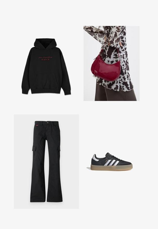 Sudadera negra de tela suave, con un bolsillo frontal, puños acanalados y texto bordado en rojo con acentos de flores en el pecho.; Pantalones cargo negros con un diseño de pierna recta. Cuenta con dos bolsillos laterales, un cierre de botón y un pequeño logo bordado en la cinturilla.; Zapatilla deportiva de cuero negro con tres rayas plateadas, punta texturizada y suela de goma. Cuenta con un collar acolchado y un diseño con cordones.; Mujer con blusa de estampado en blanco y negro sosteniendo un bolso de hombro rojo brillante sobre un fondo liso.