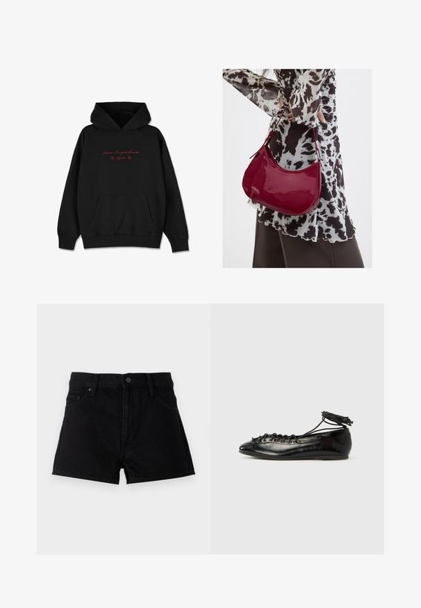 Must musta, mis on pehmest kangast, esiküljel taskuga, ribitud varrukatega ja punase tikandiga teksti ning lillede aktsentidega rinnal.; Mustad denim lühikesed püksid, millel on kõrge talje, viie-tasku disain, npaatlus ja puhas viimistlus ilma kaunistusteta.; Mustad lakknahast baleriinakingad ümarate varvastega, paelaga kinnitatavad ja madala tallaga. Sile tekstuur, vähese kujundusega.; Naine, kes kannab must-valget mustriga pluusi ja hoiab läikivat punast õlakotti ühevärvilise tausta ees.