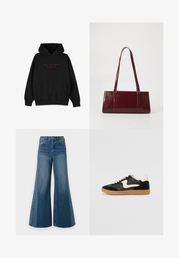 Zwarte hoodie van zacht materiaal, met een voorzak, geribbelde manchetten en rode geborduurde tekst met bloemaccenten op de borst.; Wijduitlopende spijkerbroek in donkerblauwe wash, met een hoge taille, vijf zakken en een klassieke knoopsluiting. Glad oppervlak met minimale vervaging.; Zwarte suède en leren sneaker met een crèmekleurige zij-swoosh en lichte crèmekleurige hiel. Voorzien van beige veters en een gumrubberen zool.; Bourgondische handtas van glanzend materiaal, rechthoekige vorm, met twee schouderbanden en subtiele gebogen accenten aan de voorkant.