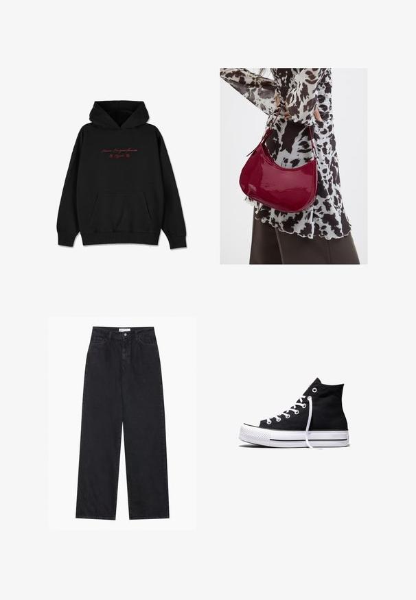 Zwarte hoodie van zacht materiaal, met een voorzak, geribbelde manchetten en rode geborduurde tekst met bloemaccenten op de borst.; Zwarte high-waisted spijkerbroek met wijde pijpen, frontknopen en ritssluiting, ceintuurlussen en een vijf-pocket stijl.; Zwarte hooggesloten canvas sneaker met witte rubberen zool en witte veters, zijwaarts weergegeven op een witte achtergrond.; Vrouw met een zwart-wit gebloemde blouse houdt een glanzende rode schoudertas vast tegen een effen achtergrond.