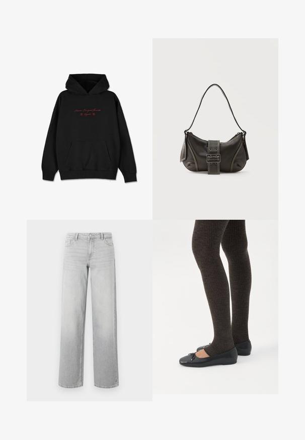 Hoodie noir en tissu doux, avec une poche avant, des bords côtelés, et un texte rouge brodé avec des accents floraux sur la poitrine.; Jean large en denim gris clair. Comprend cinq poches, une fermeture à bouton et une texture légèrement délavée pour un look usé.; Jambes portant des leggings côtelés foncés associés à des ballerines noires avec de petits détails en nœud sur fond blanc.; Sac à épaule en cuir noir avec une sangle à boucle, des bords arrondis et des coutures blanches contrastées sur un fond uni.