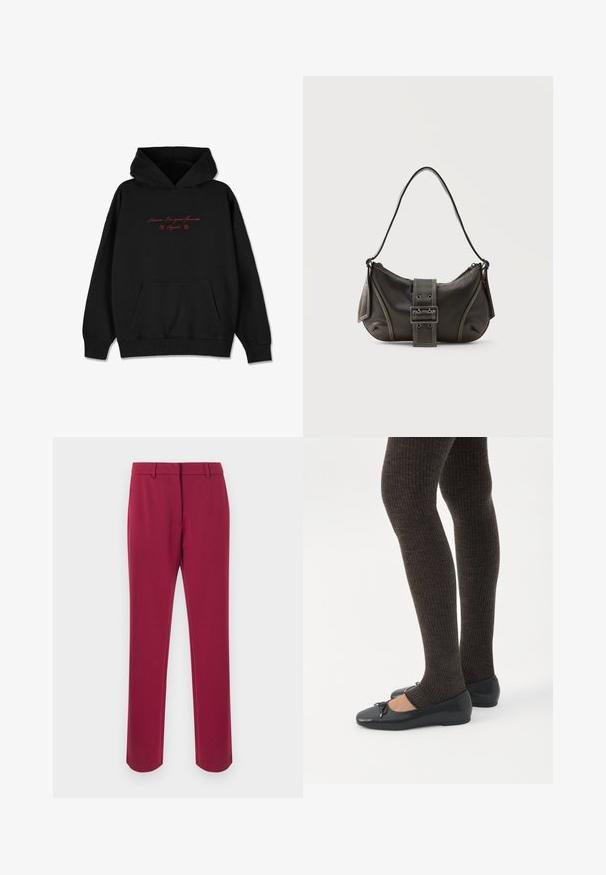 Zwarte hoodie van zacht materiaal, met een voorzak, geribbelde manchetten en rode geborduurde tekst met bloemaccenten op de borst.; Donkerrode broek gemaakt van gladde stof met een rechte snit, voorzien van een tailleband, lussen voor een riem en steekzakken aan de zijkant. Geen sierdetails.; Benen met donkere geribbelde leggings gecombineerd met zwarte ballerina's met kleine strikdetails op een witte achtergrond.; Zwarte leren schoudertas met gespsluiting aan de riem, afgeronde hoeken en contrasterende witte stiksels op een effen achtergrond.