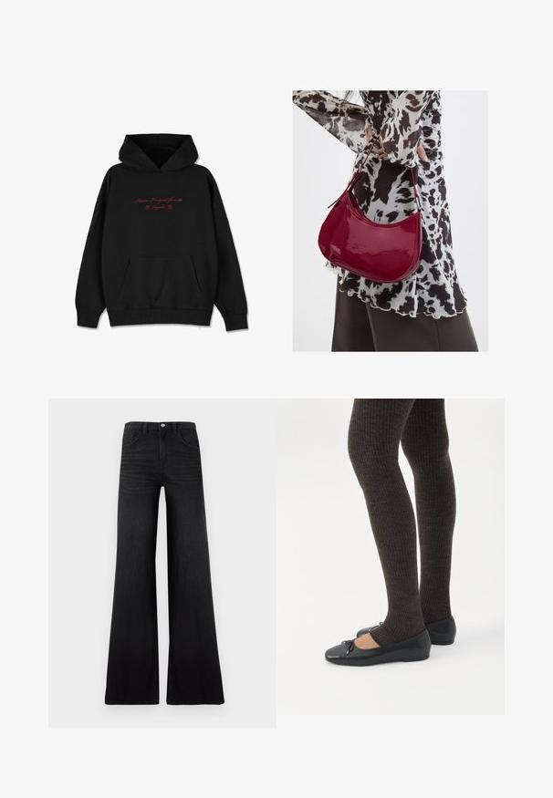 Sudadera negra de tela suave, con un bolsillo frontal, puños acanalados y texto bordado en rojo con acentos de flores en el pecho.; Jeans negros de pierna ancha hechos de mezclilla, con cintura alta, bolsillos delanteros y un acabado liso y texturizado con un desvanecimiento mínimo.; Piernas con leggings oscuros acanalados combinados con bailarinas negras que presentan pequeños detalles de lazo sobre un fondo blanco.; Mujer con blusa de estampado en blanco y negro sosteniendo un bolso de hombro rojo brillante sobre un fondo liso.