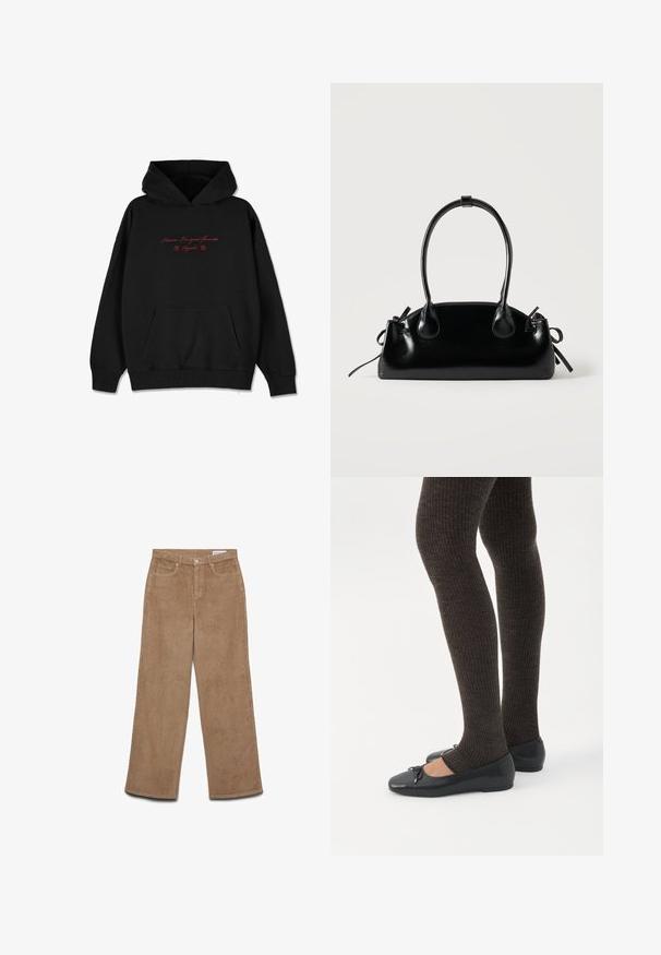 Zwarte hoodie van zacht materiaal, met een voorzak, geribbelde manchetten en rode geborduurde tekst met bloemaccenten op de borst.; Corduroy broek met wijde pijpen in bruin. Beschikt over een gestructureerde stof, vijf zakken en een knoopsluiting. Rechte snit van heup tot zoom.; Benen met donkere geribbelde leggings gecombineerd met zwarte ballerina's met kleine strikdetails op een witte achtergrond.; Kleine zwarte glanzende handtas met twee lange hengsels en zijkant trekkoord details op een effen lichte achtergrond.