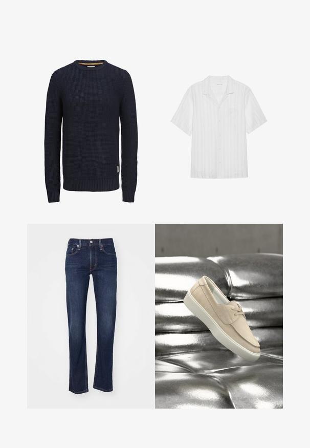 Marineblå strikket langærmet crewneck-trøje med tekstureret vaffelmønster og ribkant ved ærmer og kant.; Kortærmet, hvid skjorte med lodrette striber, lavet af letvægtsstof. Har krave og en enkelt brystlomme. Knaplukning.; Mørkeblå denim jeans med lige benudskæring, der har et traditionelt fem-lomme design og syede detaljer ved sømmene.; Beige ruskind slip-on sko med hvid sål, med rundet tå og minimalistisk design, sat mod en skinnende metallisk baggrund.