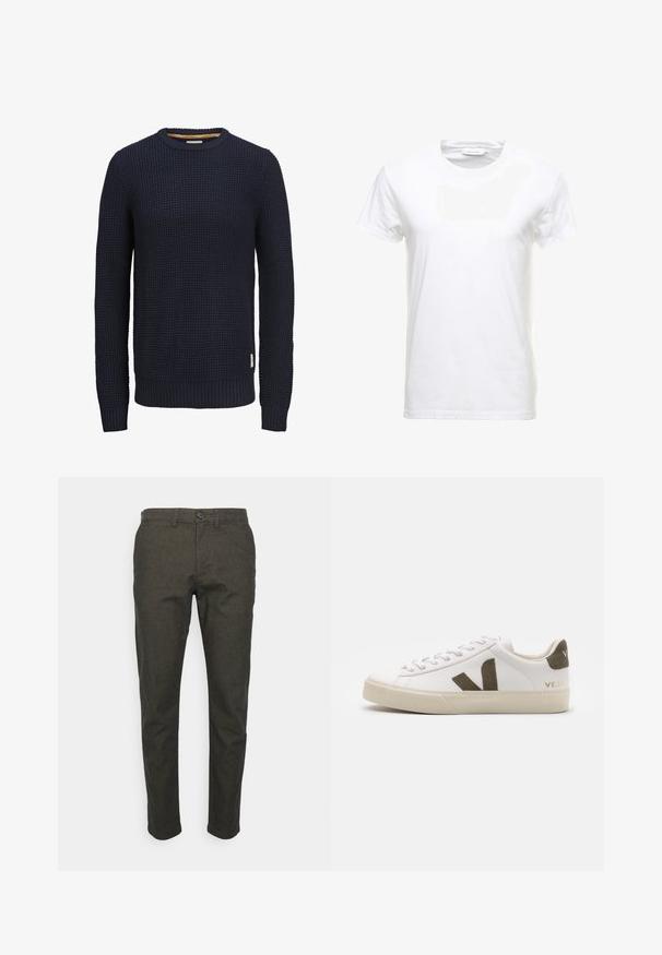 Jersey de punto azul marino de manga larga con cuello redondo, patrón texturizado tipo waffle y puños y dobladillo acanalados.; Camiseta de algodón blanca con mangas cortas, diseño de cuello redondo y textura suave. Etiqueta visible en el cuello. Estilo simple y clásico.; Selected Chinos 175 Slim-fit brushed - Pantalones - forest night; Zapatillas de cuero blanco con una suela de goma beige claro. Presenta un logo en forma de V de gamuza marrón y una pestaña en el talón. Cierre con cordones y superficie texturizada.