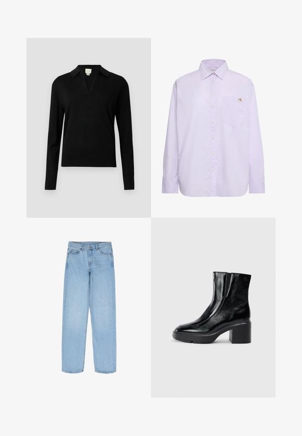 Sort langærmet sweater med V-hals og kravedesign. Lavet af et blødt materiale og med ribbede manchetter og kant for ekstra tekstur.; Lys lilla langærmet skjorte med knapper, venstre brystlomme og lille Calvin Klein-logo over lommen.; Lyseblå denim jeans med lige ben, fem-lomme design og subtile stikninger på taljen og lommerne.; Sorte patenterede læderankelstøvler med en buet tå, elastiske sidepaneler og en kraftig blokhæl. Har et præget logo på bagsiden.